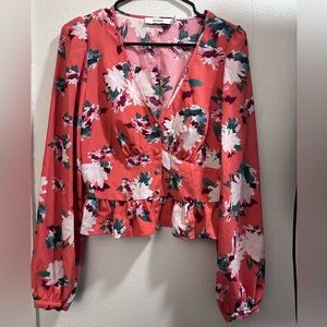 JustFab Red Floral Button-Up Blouse